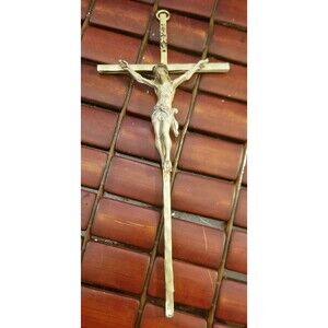 Vintage Hand Painted Brass Crucifix Cross Wall Hanging 9"x4"
